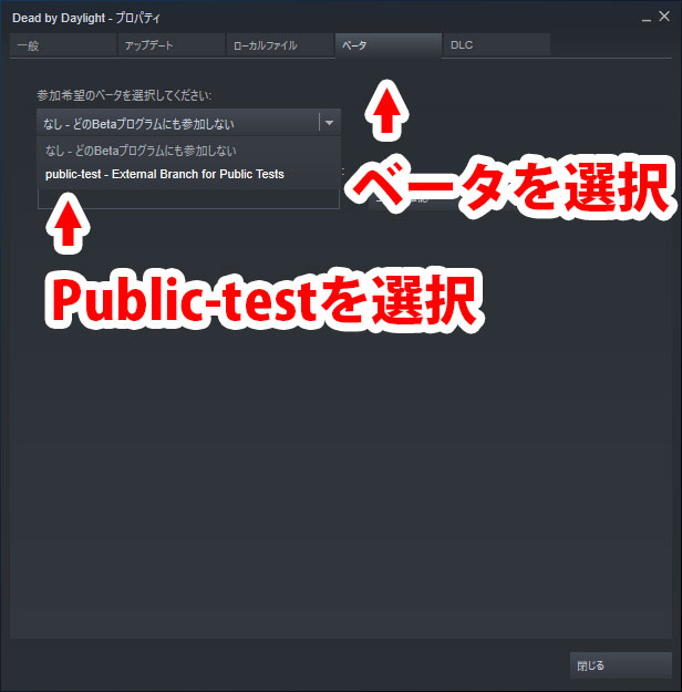 「ベータ」タブから「Public-test」を選択